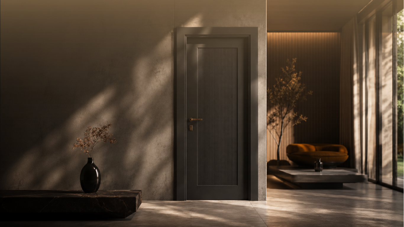 Dome Door — mimari giriş sahnesinde füme kanallı iç kapı