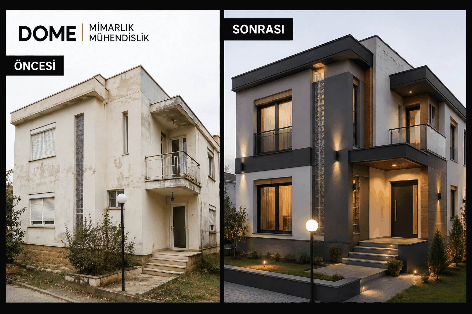 Before-and-after façade transformation of a renovation